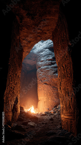 Wallpaper Mural Ancient cave with hieroglyphs, torchlight, stone wall, mysterious, warm glow Torontodigital.ca
