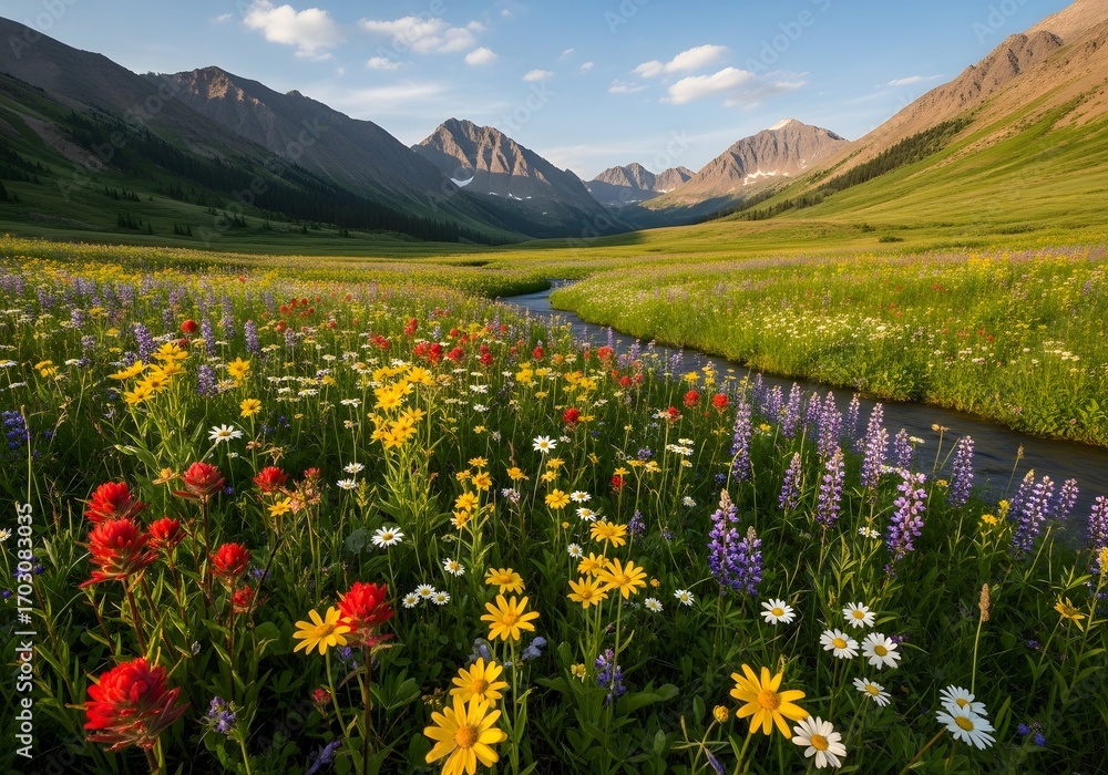 Fototapeta premium Colorful wildflowers bloom in a lush meadow with a flowing river