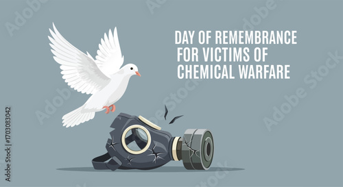 Flat vector poster of a white dove flying above a broken gas mask, with text “Day of Remembrance for Victims of Chemical Warfare” on a calm background
