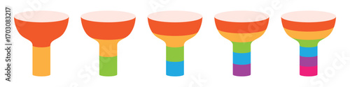 Colorful funnel infographic for marketing strategy, business process and data conversion. 2, 3, 4, 5, and 6 parts