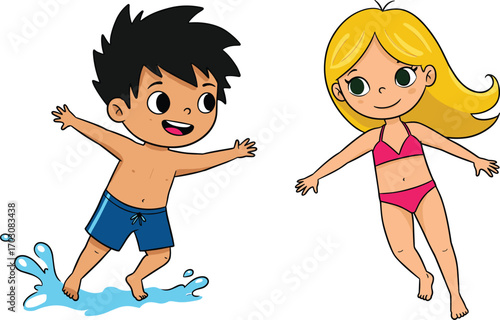 Happy cartoon kids playing in water, boy splashing water, girl in pink bikini, summer fun, swimming children, joyful kids, playful water activity