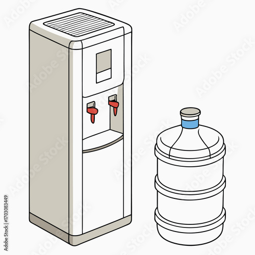 A freestanding water dispenser with hot (red) and cold (blue) taps, positioned beside a large refillable water bottle with a blue cap.
