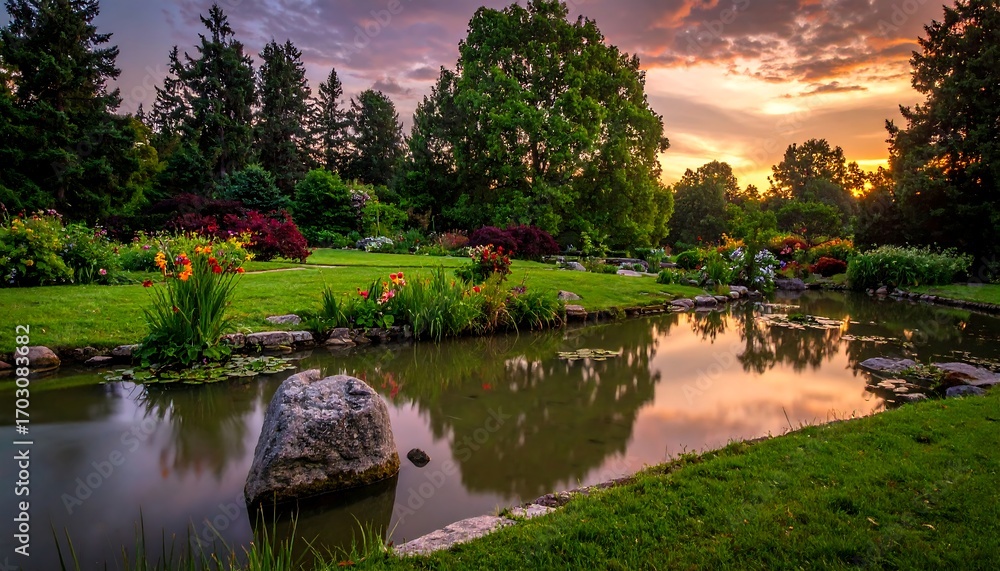 Obraz premium Serene parkland at sunset reflecting vibrant colors