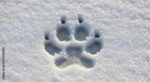 Canine footprint track imprinted in a cold, snowy landscape