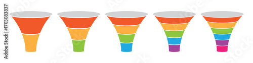 Colorful funnel infographic for marketing strategy, business process and data conversion. 2, 3, 4, 5, and 6 parts