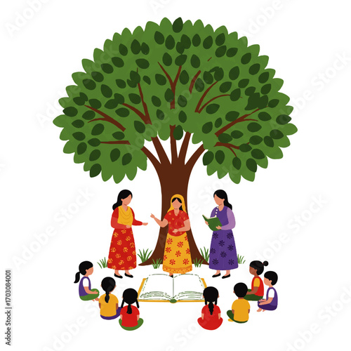 Community education concept with Indian women teaching a group of children outdoors under a large tree