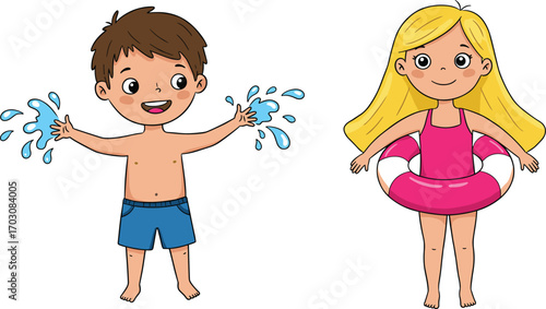 Happy cartoon kids playing with water, boy splashing water, girl with swim ring, summer fun, cute children in swimwear, joyful kids, playful water activity