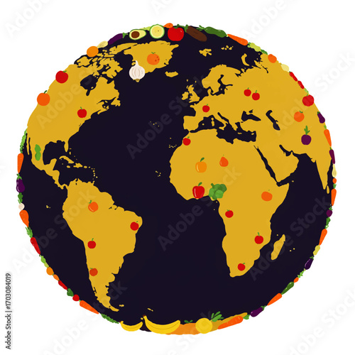 Conceptual illustration of planet Earth with continents bordered by diverse fruits and vegetables, symbolizing global food, agriculture, and nutrition