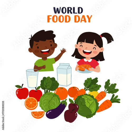 Cute multicultural children surrounded by an abundance of healthy food choices for a balanced and nutritious diet