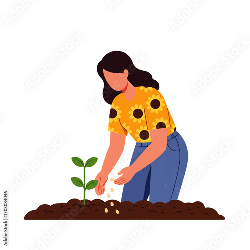 Illustration of a female gardener carefully nurturing a young green sprout, symbolizing growth, agriculture, and a sustainable lifestyle