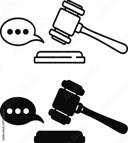 Verdict Icons. Black and White Vector Illustration. Judge Gavel and Speech Bubble. Jury Decision on Guilt or Innocence of the Defendant. Justice Concept

