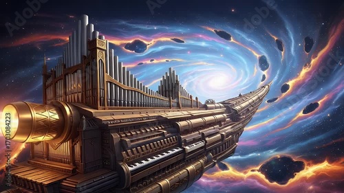 Ornate pipe organ spaceship navigating a swirling cosmic nebula with asteroids