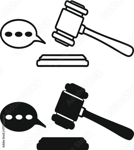 Verdict Icons. Black and White Vector Illustration. Judge Gavel and Speech Bubble. Jury Decision on Guilt or Innocence of the Defendant. Justice Concept

