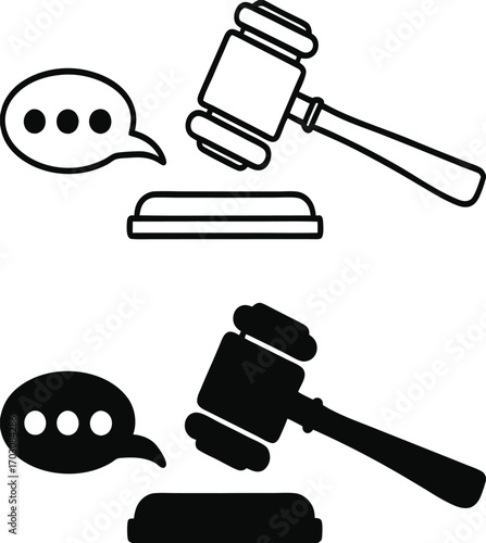 Verdict Icons. Black and White Vector Illustration. Judge Gavel and Speech Bubble. Jury Decision on Guilt or Innocence of the Defendant. Justice Concept

