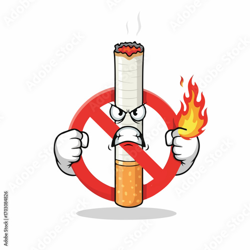 An angry cigarette character, defying a no-smoking sign, brandishes a burning match, conveying a powerful anti-smoking message.