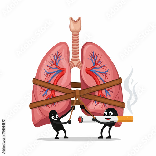 Two cartoon figures struggle to carry bound lungs while lighting a cigarette, depicting the harmful effects of smoking.