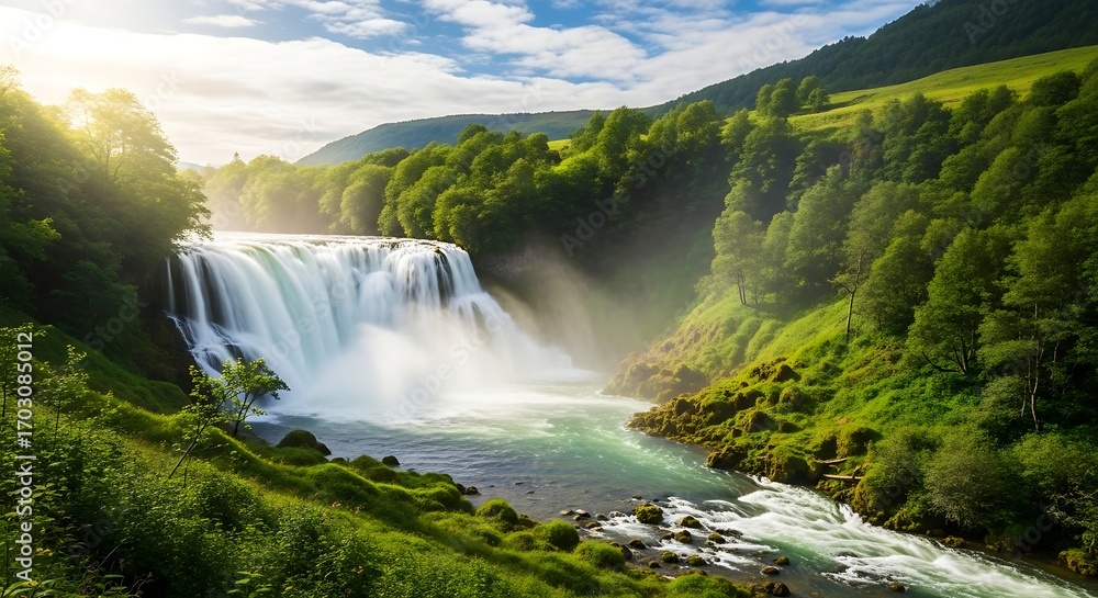 Fototapeta premium Majestic waterfall cascades through vibrant green landscape under a sunny sky offering a tranquil