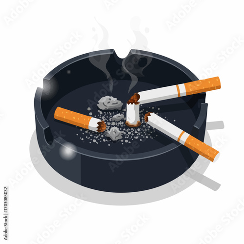 Three extinguished cigarettes smolder in a dark ashtray, their ash and smoke creating a somber still life.