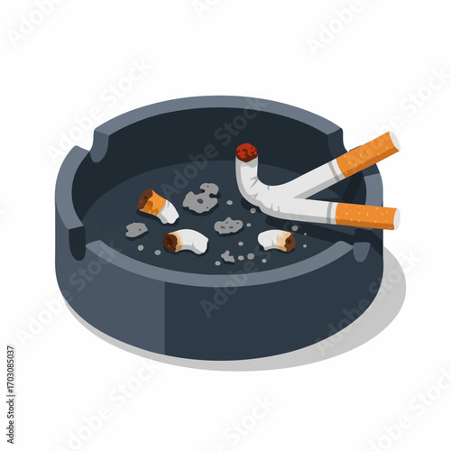 A dark gray ashtray overflows with extinguished cigarette butts and ash, conveying a mood of somberness and potentially addiction.