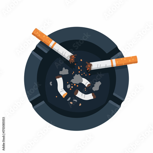 Two extinguished cigarettes lie in a dark ashtray, surrounded by ash and tobacco remnants, conveying a sense of cessation and quiet contemplation.