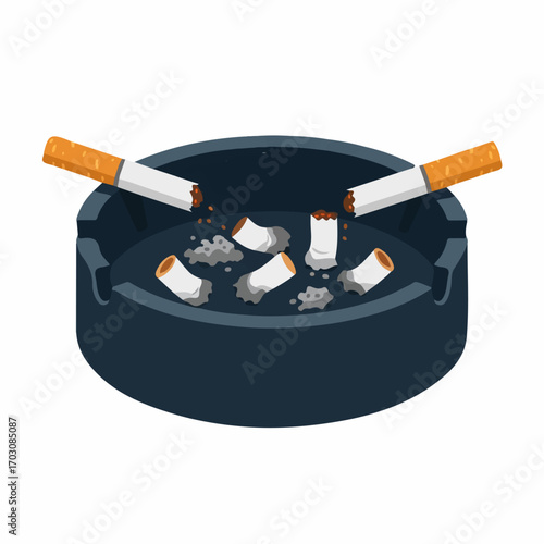Two broken cigarettes are dropped into a dark gray ashtray overflowing with cigarette butts and ash, conveying a sense of cessation and finality.