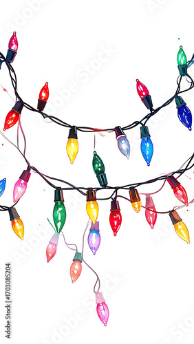 Colorful Christmas lights strung in a curved pattern against a black background