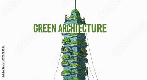 Workers maintain lush vertical gardens on a towering, modern skyscraper, showcasing innovative green architecture.