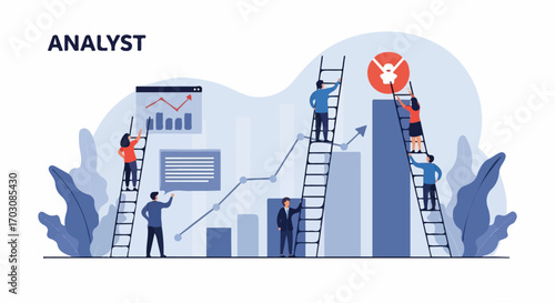 A team collaborates on a large bar graph, climbing ladders to reach a shared goal, symbolizing growth and achievement in a modern, minimalist setting.