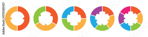 Colorful donut chart infographic for business data, marketing shares and financial analytics. 2, 3, 4, 5, and 6 parts