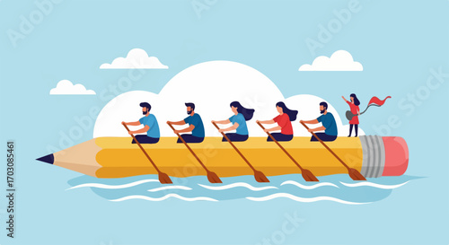 A team powerfully rows a giant pencil across calm waters, guided by a leader waving a flag, symbolizing collaborative creativity and progress.