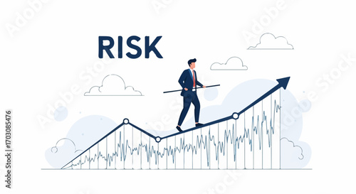 A businessman carefully walks a tightrope atop a fluctuating graph, symbolizing the risks and rewards of financial growth.
