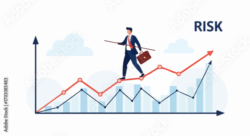 A businessman carefully walks a tightrope above a rising graph, symbolizing calculated risk and upward financial growth.