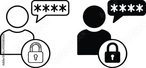 User Icons. Black And White Vector Illustration. Person Interacting With a Computer System, Software, Or Website. Password And Data Security Concept

