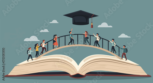 Students collaboratively cross a bridge formed by an open book, reaching for a graduation cap symbolizing their shared journey towards academic success.