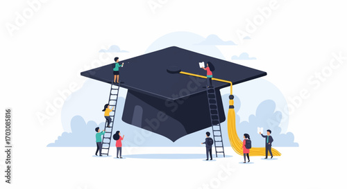 Students collaboratively ascend ladders to reach the peak of a large graduation cap, symbolizing teamwork and the pursuit of higher education.
