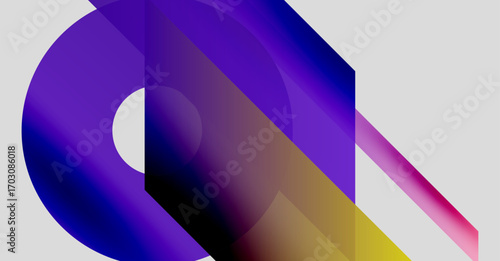 Abstract composition featuring overlapping colorful shapes. Gradient hues blend purple, blue, gold, pink. Modern design, dynamic visual impact.