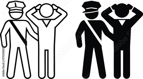 Arrest Icons. Black and White Vector Illustrations. Policeman Detains Offender. Temporary Restriction of Rights of an Individual. Justice Concept

