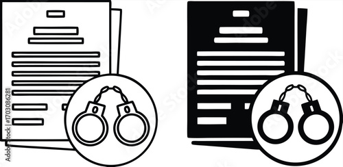 Court Warrant Icons. Black and White Vector Illustration. Legal Document and Handcuffs. Written Court Order to Arrest or Search a Suspect. Justice Concept

