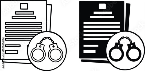 Court Warrant Icons. Black and White Vector Illustration. Legal Document and Handcuffs. Written Court Order to Arrest or Search a Suspect. Justice Concept

