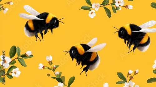 Bee in flight, pollinating a vibrant flower in sunny garden.