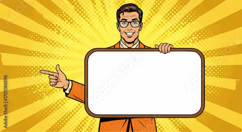 A smiling businessman in a pop art style holds a blank sign and points, radiating optimism and energy against a vibrant yellow background.