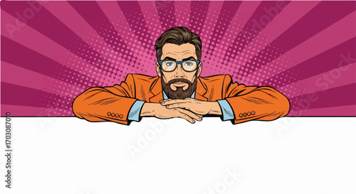 A serious bearded man in an orange suit rests his hands on a blank white sign against a vibrant pop art background.