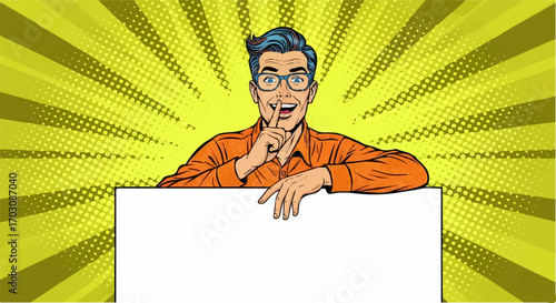 A cheerful man in glasses, playfully shushing, leans on a blank sign against a vibrant pop art background.