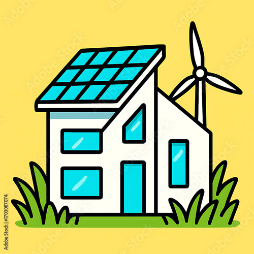 Illustrative concept of a modern eco-friendly house powered by renewable energy sources, featuring solar panels and a wind turbine, symbolizing sustainable living and a greener future