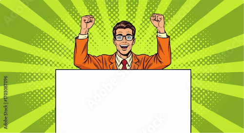 A jubilant businessman celebrates success, his arms raised in triumph over a blank sign against a vibrant pop art backdrop.