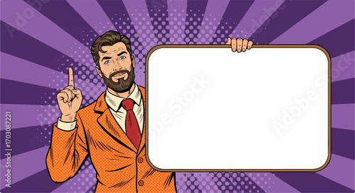 A smiling businessman in a stylish orange suit holds a blank sign, pointing upward with a confident expression against a vibrant pop art background.