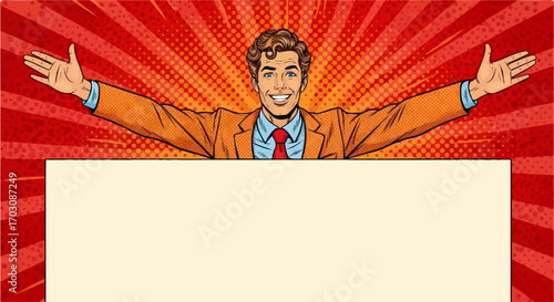 A cheerful businessman in a pop art style, with arms outstretched, presents a blank sign against a vibrant red and yellow background.