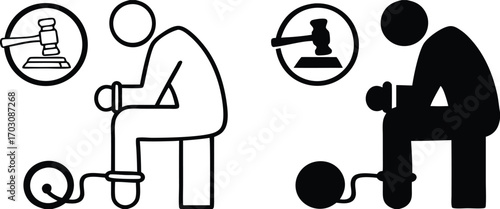 Guilty Icons. Black and White Vector Illustrations. Criminal in Handcuffs and Judge's Gavel. Man Who Committed a Crime. Justice Concept

