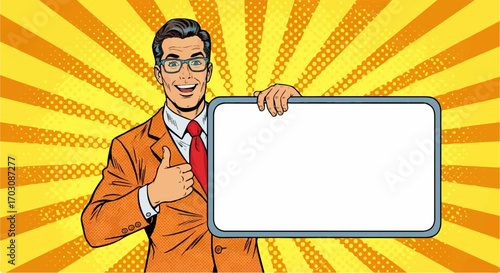 A cheerful businessman in a retro pop art style gives a thumbs up while proudly displaying a blank sign against a vibrant yellow sunburst background.