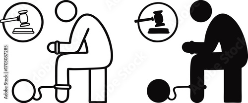 Guilty Icons. Black and White Vector Illustrations. Criminal in Handcuffs and Judge's Gavel. Man Who Committed a Crime. Justice Concept

